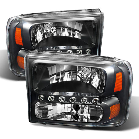 Xtune Ford F250 F350 Super Duty 99-04 1Pc Headlights w/ LED Black HD-JH-FF25099-LED-BK