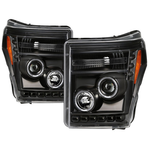 Spyder Ford Super Duty 11-16 Projector Headlights LEDHalo DRL All Black PRO-YD-FS11-HL-BKV2